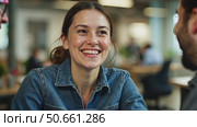 Smiling happy young woman talking male colleagues at shared workplace, worker laughing at funny joke, reading funny news, excited business success, employees having break, explore contract details. Стоковое AI-видео, аниматор Sergey Grishin / Фотобанк Лори