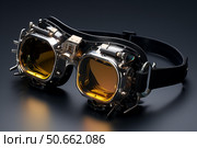 Steampunk goggles resting on dark surface with yellow lenses. Стоковое AI-изображение, AI-художник Иван Рябоконь / Фотобанк Лори
