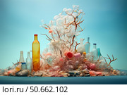 Plastic waste forming island polluting ocean with soap bubbles and bottles. Стоковое AI-изображение, AI-художник Иван Рябоконь / Фотобанк Лори