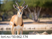 Slender horned gazelle standing by the waterhole in natural habitat. Стоковое AI-изображение, AI-художник Иван Рябоконь / Фотобанк Лори