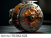 Fly fishing reel shines on dark wooden table, embracing the spirit of angling. Стоковое AI-изображение, AI-художник Иван Рябоконь / Фотобанк Лори