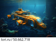 Futuristic submarine exploring underwater coral reef. Стоковое AI-изображение, AI-художник Иван Рябоконь / Фотобанк Лори