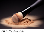Makeup brush applying bronzer powder on black background. Стоковое AI-изображение, AI-художник Иван Рябоконь / Фотобанк Лори