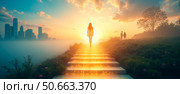 Woman ascending bright steps leading towards horizon surrounded by skyscrapers greenery fog evening sky conceptual art environment. Стоковое AI-изображение, AI-художник Павел Муравьев / Фотобанк Лори