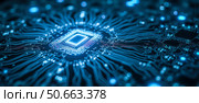 High-tech integrated microchip with glowing circuits on blue background, representing digital innovation, future electronics, cutting-edge design, technological advancement. Стоковое AI-изображение, AI-художник Павел Муравьев / Фотобанк Лори