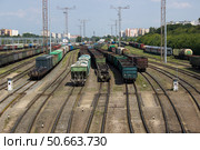 Грузовые вагоны на запасных путях сортировочной железнодорожной станции. Москва (2020 год). Редакционное фото, фотограф Елена Орлова / Фотобанк Лори