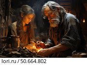 Atmospheric fantasy-historical style scene depicting an old master and a young apprentice at work by firelight. They are focused on a mysterious process, perhaps a craft, alchemy, or the making of an artifact. The interior is done in warm colors with a soft glow, emphasizing the textures of old clothes, wood, and stone. The emotions of concentration, knowledge transfer, and mystery make the image ideal for themes of learning, craft, fantasy, and historical stories. Стоковое AI-изображение, AI-художник Анна Кривицкая / Фотобанк Лори
