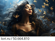 Art photography of a young woman with long flowing hair in a magical, almost fairy-tale atmosphere. Her face is calm and inspiring, with half-closed eyes and a slight half-smile. Golden petals float around her, giving the scene a dreamy, magical and airy feel. The deep blue background and soft light create an effect of magic and elegance. Perfect for beauty, fantasy, femininity and inspiration themes. Стоковое AI-изображение, AI-художник Анна Кривицкая / Фотобанк Лори