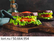 Vegetarian sandwich with tomato, cheese and lettuce on a board on a table. Стоковое фото, фотограф Елена Руй / Фотобанк Лори