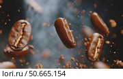Coffee Beans Floating in Air With Ground Coffee Particles Around Them in a Dark Setting. Стоковое AI-видео, аниматор Юлия Гапеенко / Фотобанк Лори
