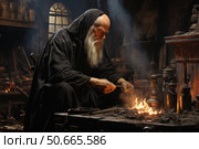 Atmospheric image of an elderly man in a black robe with a long grey beard working by a fire in a dark ancient workshop. He is surrounded by many metal vessels, retorts and alchemical instruments. The man is focused on fine work with metal or composition, perhaps a scene from the life of an alchemist, craftsman or sage in a medieval laboratory. The soft light from the flame and shadows create a sense of mystery, concentration and ancient knowledge. Стоковое AI-изображение, AI-художник Анна Кривицкая / Фотобанк Лори