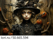 Art portrait of a mysterious young woman in a gothic style, dressed in a black Victorian dress with ruffles and intricate lace. Her face is decorated with subtle ornamental makeup, emphasizing her fair skin and expressive eyes. On her head is an extravagant hat decorated with metal parts, gears and artificial insects, creating an atmosphere of steampunk and a dark fairy tale. The background is decorated in warm colors with elements of wood and pumpkins, which gives the image a touch of autumn and Halloween. Ideal for fantasy, costume, art and holiday themes. Стоковое AI-изображение, AI-художник Анна Кривицкая / Фотобанк Лори