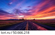 pink powerlines road ai generated. Стоковое AI-изображение, AI-художник Vectorwin / Фотобанк Лори