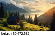 serene house in distance ai generated. Стоковое AI-изображение, AI-художник Vectorwin / Фотобанк Лори