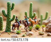 Three cowboys on Blurred background, on horseback traverse arid terrain, surrounded by prickly cacti, scattered stones, and dry shrubs, while a small dog follows, evoking classic wild west adventure spirit. Стоковое AI-изображение, AI-художник Андрей Ка / Фотобанк Лори