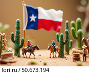 Two cowboys on Blurred background, on horseback traverse arid terrain surrounded by tall cacti, Texas flag flying high, distant rider, scattered rocks, evoking legendary wild west frontier spirit. Стоковое AI-изображение, AI-художник Андрей Ка / Фотобанк Лори