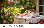 quaint country table setting outside ai generated. Стоковое AI-изображение, AI-художник Vectorwin / Фотобанк Лори
