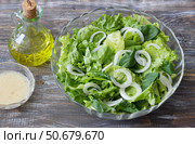 Fresh green salad with onion rings, olive oil and dressing on rustic wooden table, healthy organic meal top view. Стоковое фото, фотограф Ольга Лепёшкина / Фотобанк Лори