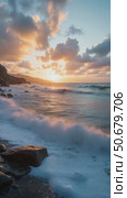 Waves Crashing Against Rocks at Sunset, Creating a Tranquil Coastal Scene. Concept of Beach Resorts, Travel Agencies, Ocean Tours. Стоковое AI-видео, аниматор Sergey Grishin / Фотобанк Лори