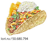 Watercolor illustration of taco. Realistic drawing of Mexican cuisine dish for menu design, advertising, shop window, website, posters and postcards. as well as stickers, t-shirts, shoppers, souvenirs. Стоковая иллюстрация, иллюстратор Larisa Hamukova / Фотобанк Лори