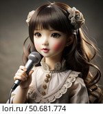 Asian Ball-Jointed Doll Singing Into a Microphone With a White Dress and a Flower Crown. Generative AI. Стоковое AI-изображение, AI-художник Roman Zavorotny / Фотобанк Лори