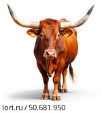 Red Longhorn Cow Standing Against A White Background. Generative AI. Стоковое AI-изображение, AI-художник Roman Zavorotny / Фотобанк Лори
