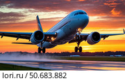Взлет самолета на закате. Plane take off. Стоковое AI-изображение, AI-художник Ирина Гильмуллина / Фотобанк Лори