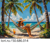 A woman is reading a book on a beach. Стоковое AI-изображение, AI-художник Ярославский Максим / Фотобанк Лори