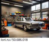 A silver car is parked in a garage with a lot of tools and equipment. Стоковое AI-изображение, AI-художник Ярославский Максим / Фотобанк Лори