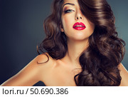 Красивая темноволосая шатенка девушка модель с длинными вьющимися волосами. Женщина с Причёской волнистые локоны. Красные губы и маникюр. Мода, красота и макияж. Стоковое фото, фотограф Sofia Zhuravetc / Фотобанк Лори