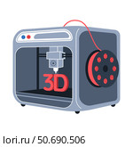 Концепция 3D-печати. Устройство изготовило объект из полимера. Изолированная векторная плоская иллюстрация. Стоковая иллюстрация, иллюстратор Екатерина Салова / Фотобанк Лори