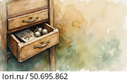Open wooden drawer with decorative items and a floral card on a soft, textured background with copy space. Стоковое AI-изображение, AI-художник Елена Скрипкина / Фотобанк Лори