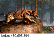 Dinofelis, a prehistoric cat, gets ready to attack a group of pheasants. Стоковое фото, фотограф Daniel Eskridge/Stocktrek Images / ТАСС / Фотобанк Лори