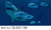 A school of fish encounter a monstrous Megalodon shark. Стоковое фото, фотограф Corey Ford/Stocktrek Images / ТАСС / Фотобанк Лори