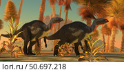 Camptosaurus dinosaurs wander through a prehistoric jungle. Стоковое фото, фотограф Corey Ford/Stocktrek Images / ТАСС / Фотобанк Лори