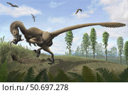 Saurornitholestes seeks prey in burrows. Стоковое фото, фотограф Emily Willoughby/Stocktrek Images / ТАСС / Фотобанк Лори