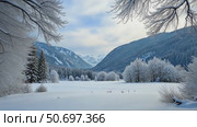 A snowy landscape with tree branches covered in snow, snowy mountains in the background, soft muted light, frontal view. Стоковое AI-видео, аниматор Sergey Grishin / Фотобанк Лори