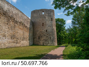 View of the Izborsk fortress wall and Ryabinovka Tower on a sunny summer day, Izborsk, Pechersk district, Pskov region, Russia. Стоковое фото, фотограф Ula Ulachka / Фотобанк Лори