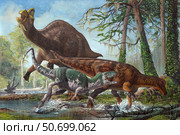 Labocania attacking a Magnapaulia dinosaur. Стоковое фото, фотограф Sergey Krasovskiy/Stocktrek Images / ТАСС / Фотобанк Лори