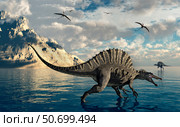 A pair of Spinosaurus hunting for fish. Стоковое фото, фотограф Mark Stevenson/Stocktrek Images / ТАСС / Фотобанк Лори