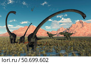 A pair of Yangchuanosaurus dinosaurs confront a family of Omeisaurus. Стоковое фото, фотограф Mark Stevenson/Stocktrek Images / ТАСС / Фотобанк Лори