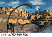 Omeisaurus dinosaurs being stalked by a carnivorous predator. Стоковое фото, фотограф Mark Stevenson/Stocktrek Images / ТАСС / Фотобанк Лори