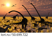 Duckbill dinosaurs and large sauropods share a feeding ground. Стоковое фото, фотограф Mark Stevenson/Stocktrek Images / ТАСС / Фотобанк Лори