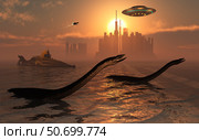 Plesiosaurs co-existing alongside the ancient civilization of Atlantis. Стоковое фото, фотограф Mark Stevenson/Stocktrek Images / ТАСС / Фотобанк Лори