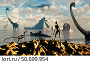 An alien world where reptoid beings co-exist with dinosaurs. Стоковое фото, фотограф Mark Stevenson/Stocktrek Images / ТАСС / Фотобанк Лори