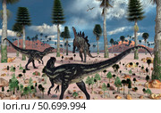 A pair of Allosaurus dinosaurs confront a lone Stegosaurus. Стоковое фото, фотограф Mark Stevenson/Stocktrek Images / ТАСС / Фотобанк Лори