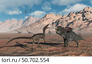 A predatory Velociraptor stalking a pair of Protoceratops. Стоковое фото, фотограф Mark Stevenson/Stocktrek Images / ТАСС / Фотобанк Лори