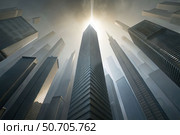 A dense cityscape of skyscrapers disappearing into a foggy, atmospheric sky. Стоковое AI-изображение, AI-художник Коханова Наталья / Фотобанк Лори