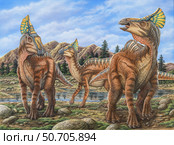 Olorotitan dinosaurs walking by a stream. Стоковое фото, фотограф Phil Wilson/Stocktrek Images / ТАСС / Фотобанк Лори
