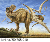 T-rex tries to fend off scavenging pterosaurs from his recent kill. Стоковое фото, фотограф Phil Wilson/Stocktrek Images / ТАСС / Фотобанк Лори